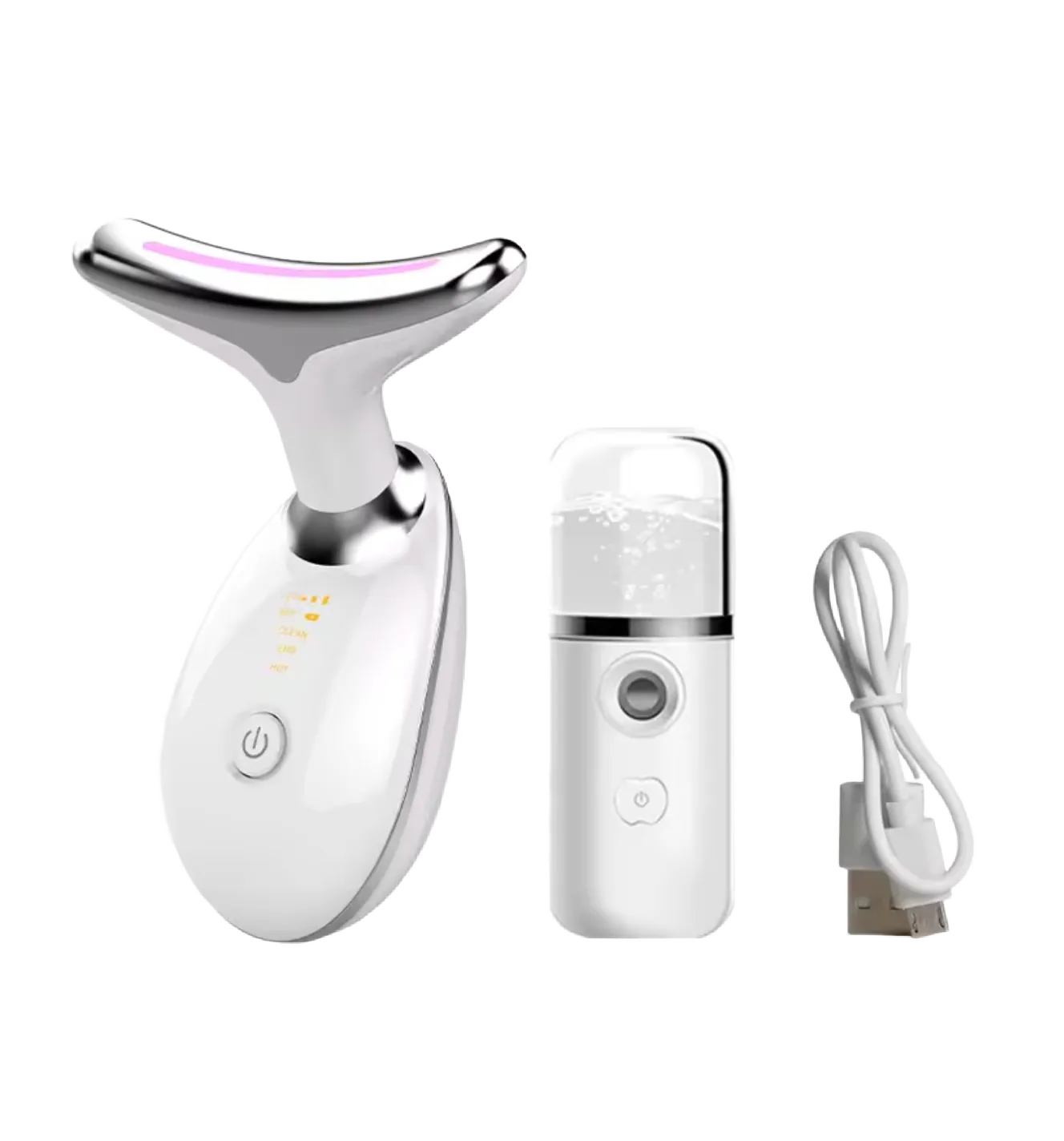 Facial beauty device set with a handheld massager, mist sprayer, and USB cable for skincare treatments.