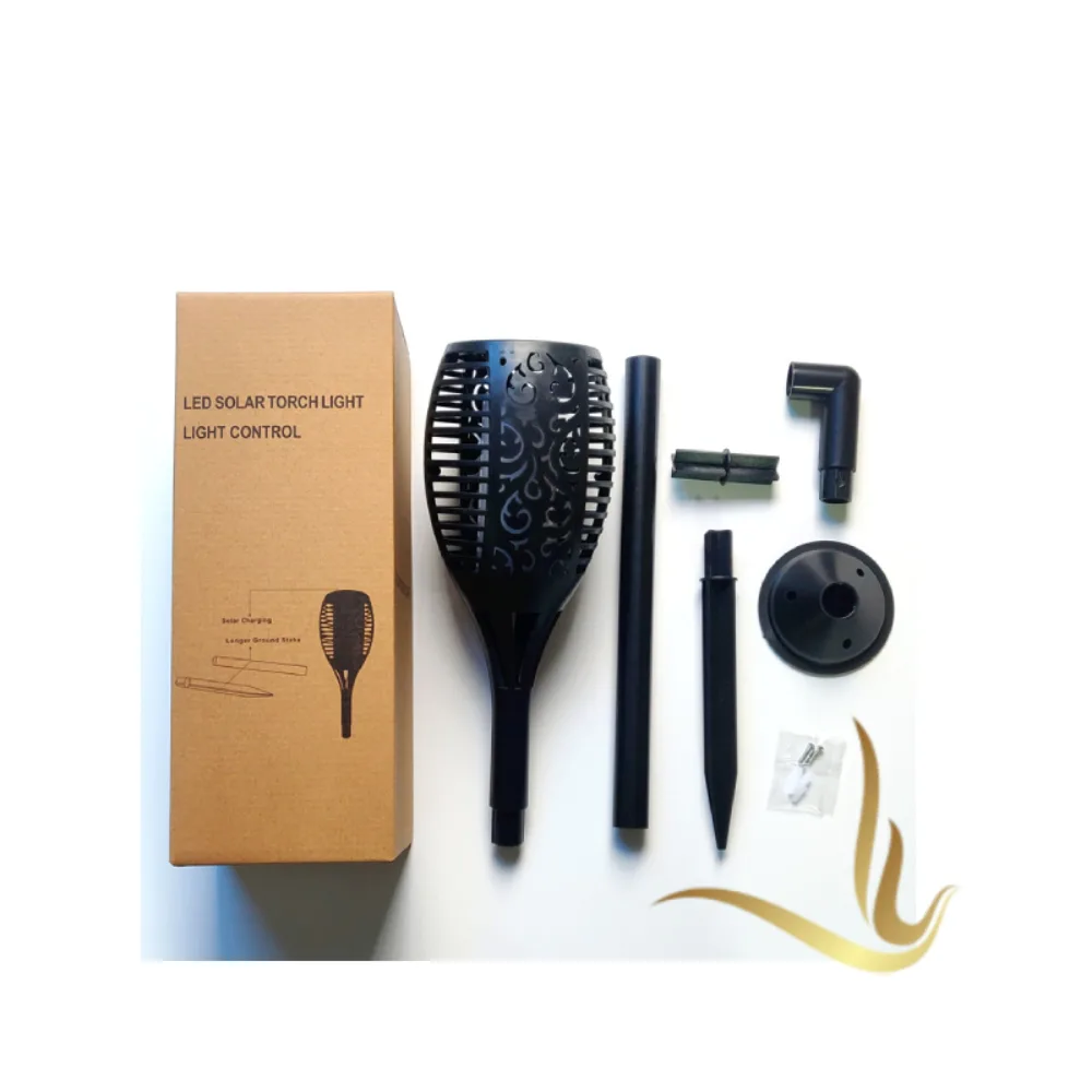 LED solar torch light kit includes lamp, pole, stake, and control components for outdoor lighting.
