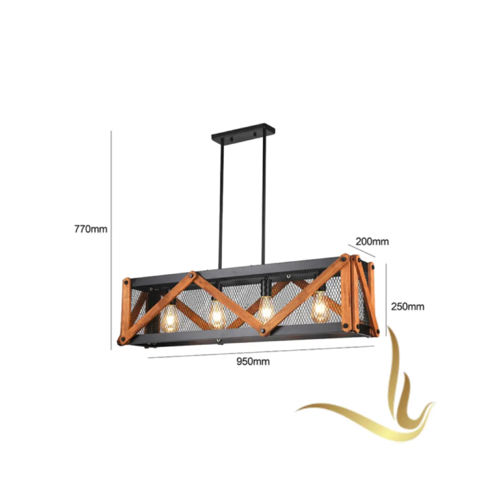 Stylish industrial pendant light with mesh and wood accents, perfect for modern home decor. Dimensions: 950x200x250mm.