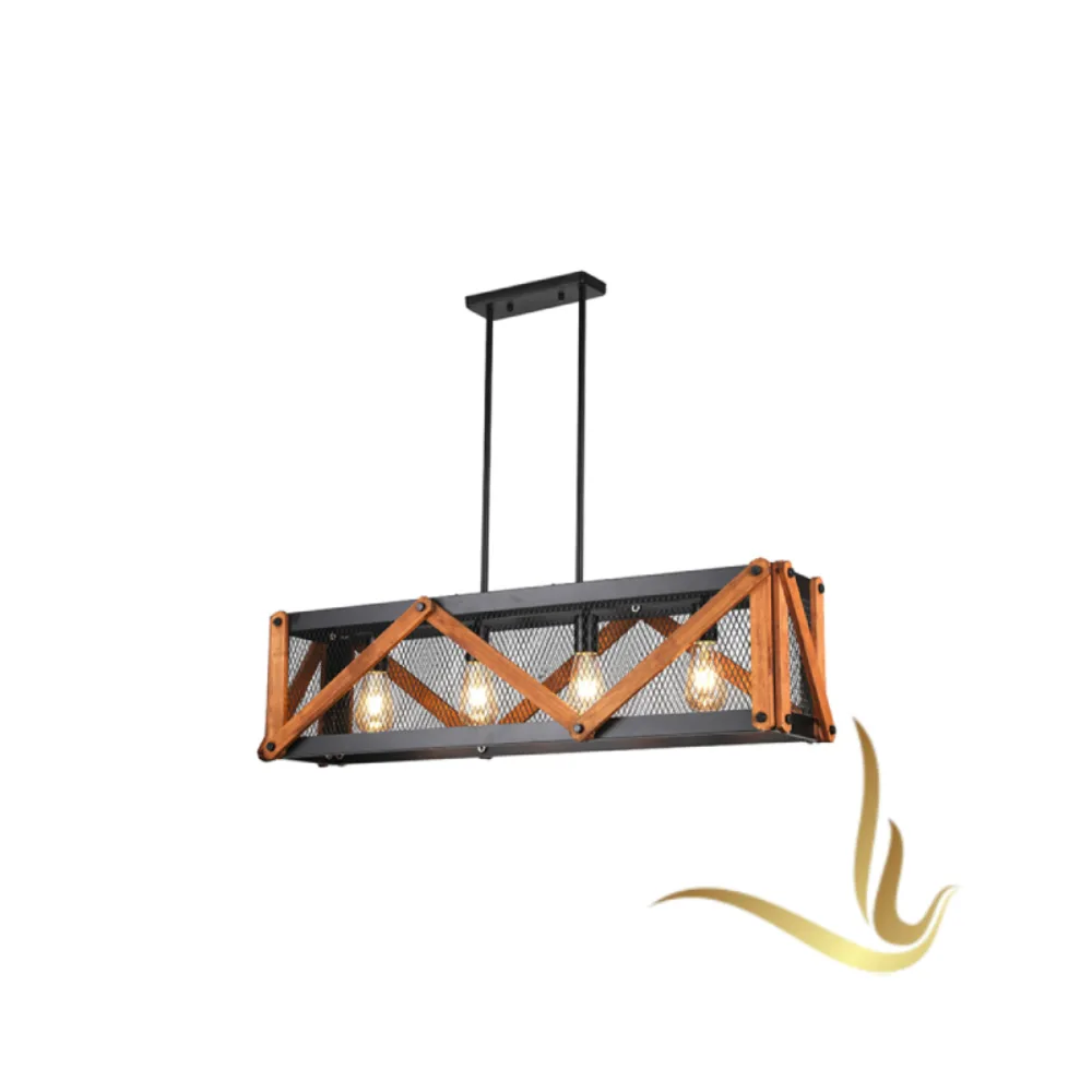 Industrial-style pendant light with mesh and wood accents, perfect for modern home decor and ambiance enhancement.