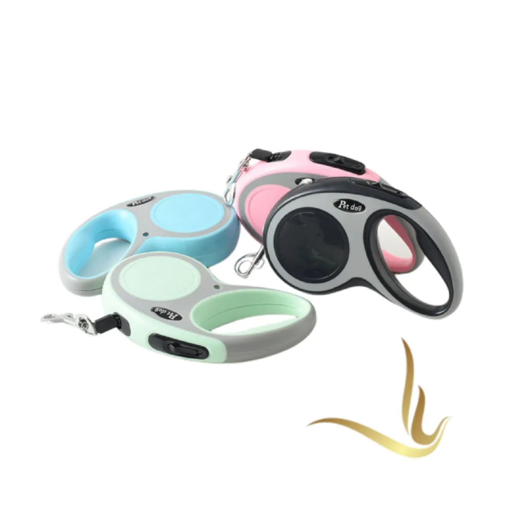 Colorful retractable pet leashes in blue, pink, and green for easy walking and control of your dog.