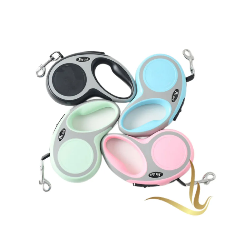 Colorful retractable dog leashes in black, mint, blue, and pink, perfect for safe and stylish pet walks.
