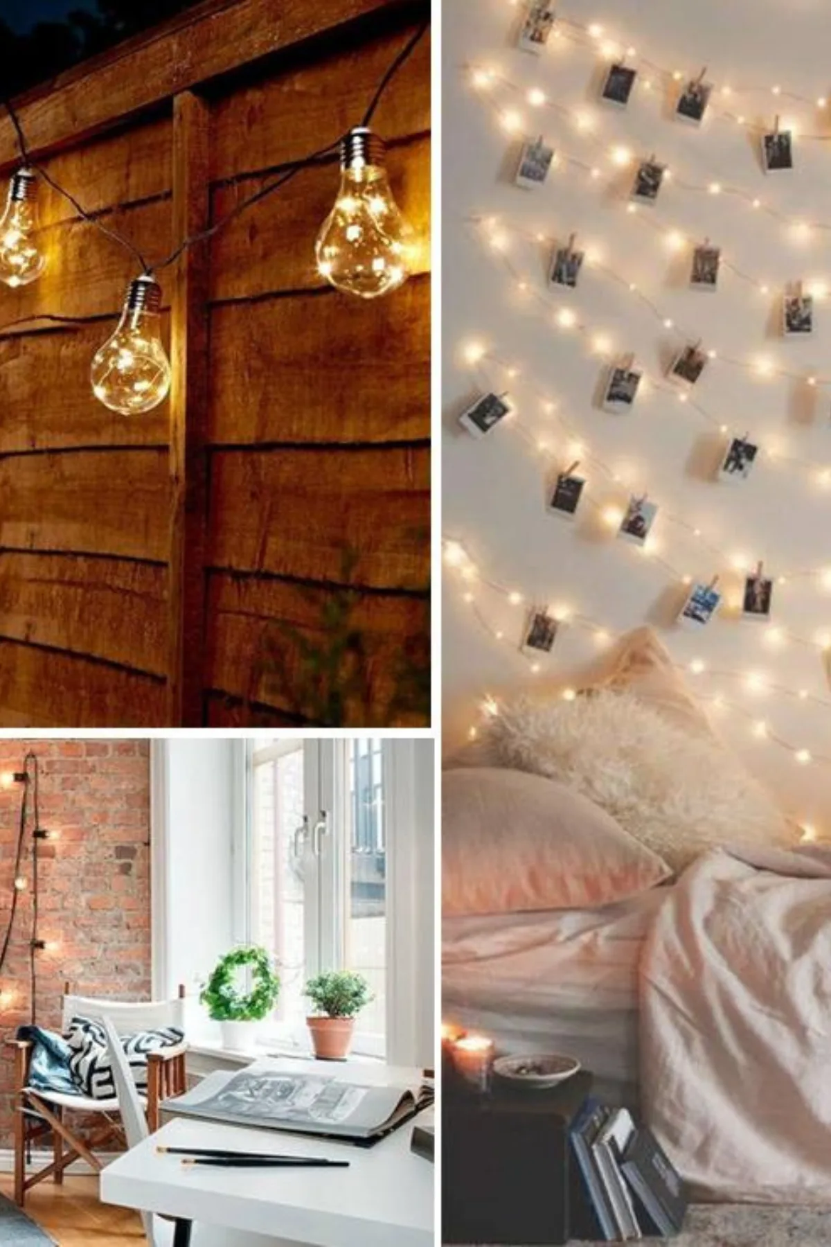 Cozy room decor with string lights, a wooden fence, and a comfy bed, creating a warm, inviting atmosphere.