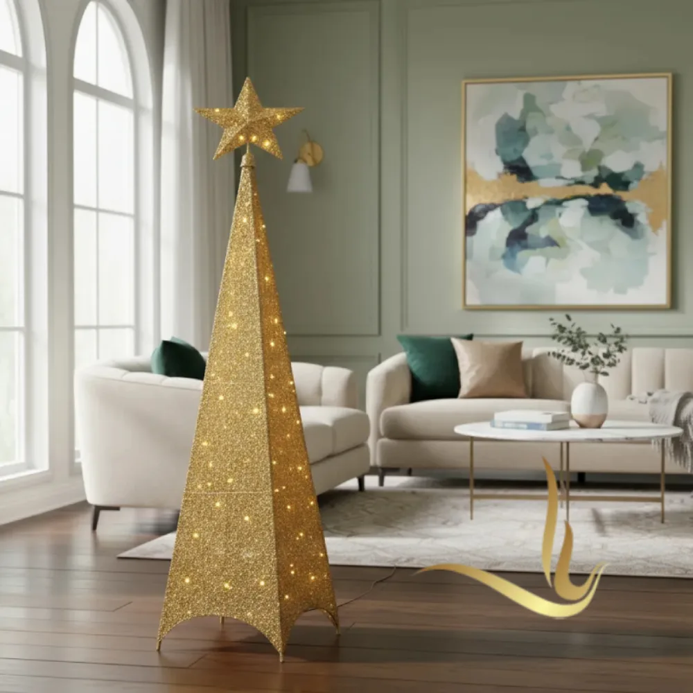 Golden glitter Christmas tree adorned with lights, set in a stylish living room with modern furniture and decor.