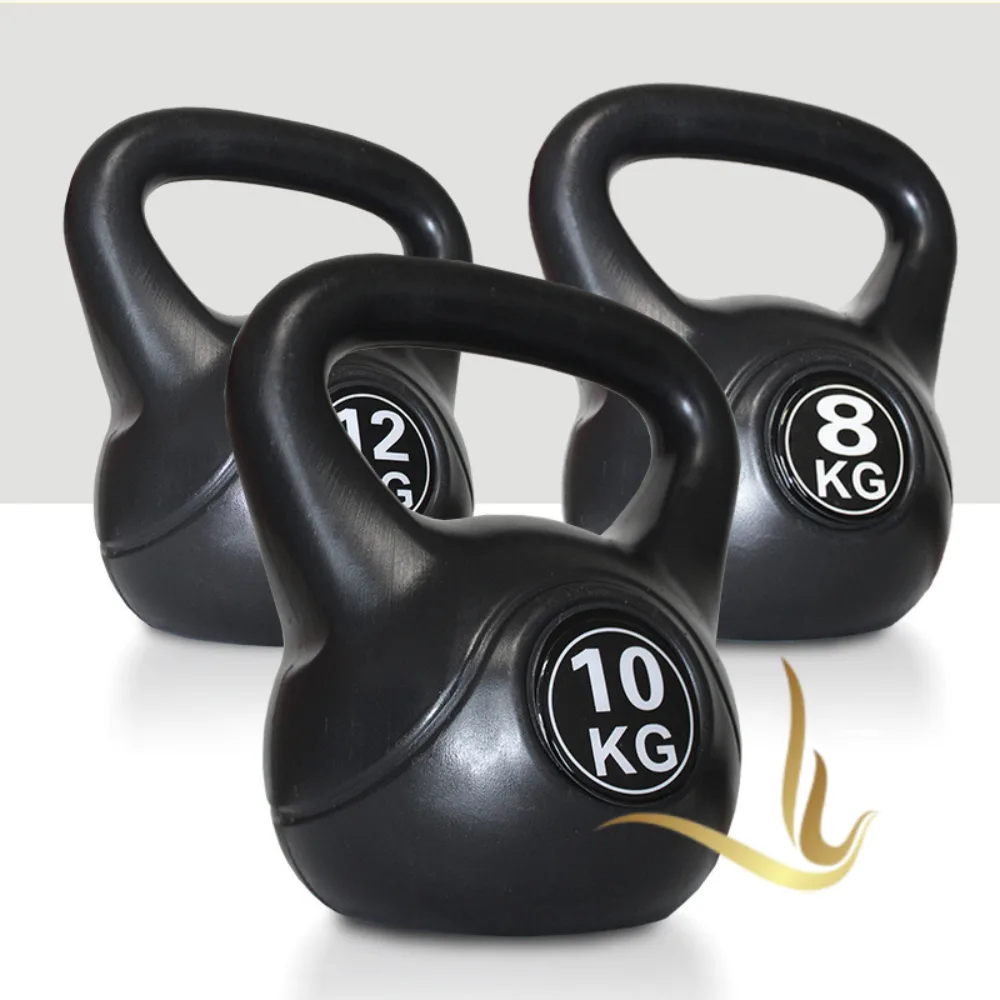 Three black kettlebells labeled 8 kg, 10 kg, and 12 kg, perfect for strength training and fitness workouts.