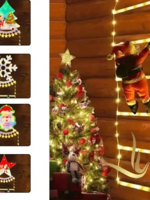 Decorative Christmas scene with Santa, festive lights, and a beautifully adorned tree for holiday cheer.