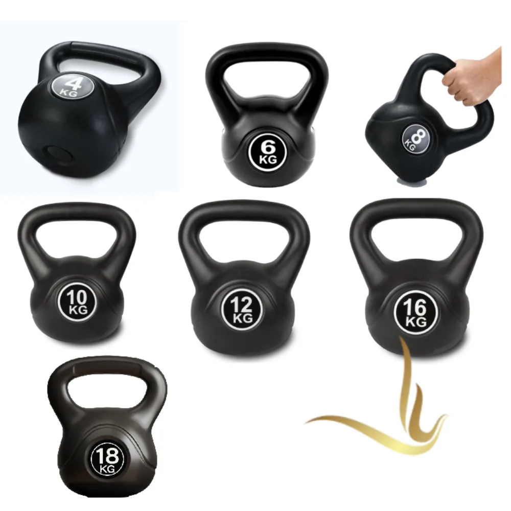 Set of black kettlebells in various weights: 4kg, 6kg, 8kg, 10kg, 12kg, 16kg, and 18kg for versatile strength training.