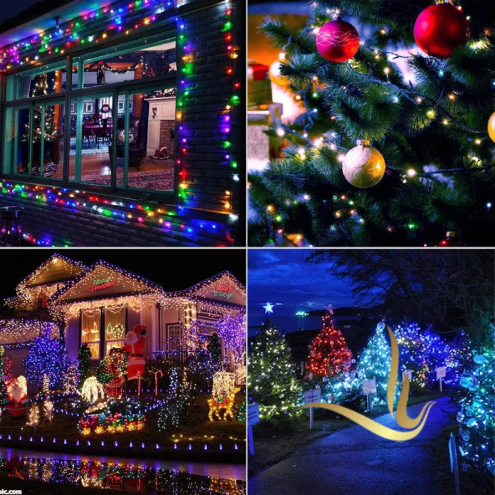 Festive holiday decorations featuring colorful lights on houses, trees, and ornaments creating a warm winter ambiance.