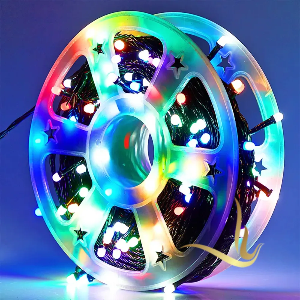 Colorful LED string lights on a reel, perfect for festive decorations and ambiance lighting. Ideal for indoor and outdoor use.