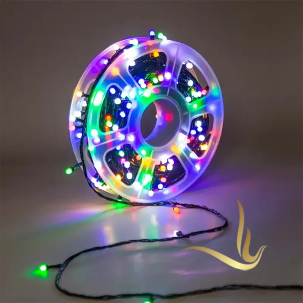 Colorful LED string lights on a spool, perfect for festive decorations and ambiance creation. Ideal for indoor and outdoor use.