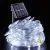 Solar-powered LED string lights coiled for outdoor use, featuring a sleek design for easy installation and energy efficiency.