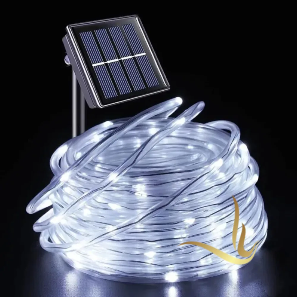 Solar-powered LED string lights coiled for outdoor use, featuring a sleek design for easy installation and energy efficiency.