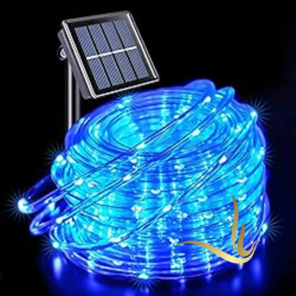 Solar-powered blue LED string lights in a coil, ideal for outdoor decoration and energy-efficient lighting.